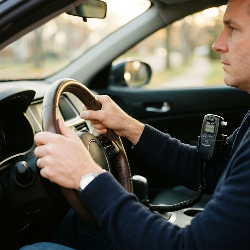Close-up view of a person’s hands gripping a car steering wheel, with an interlock device mounted near the dashboard, soft morning light coming through the windshield, a sense of anticipation and tension in the composition