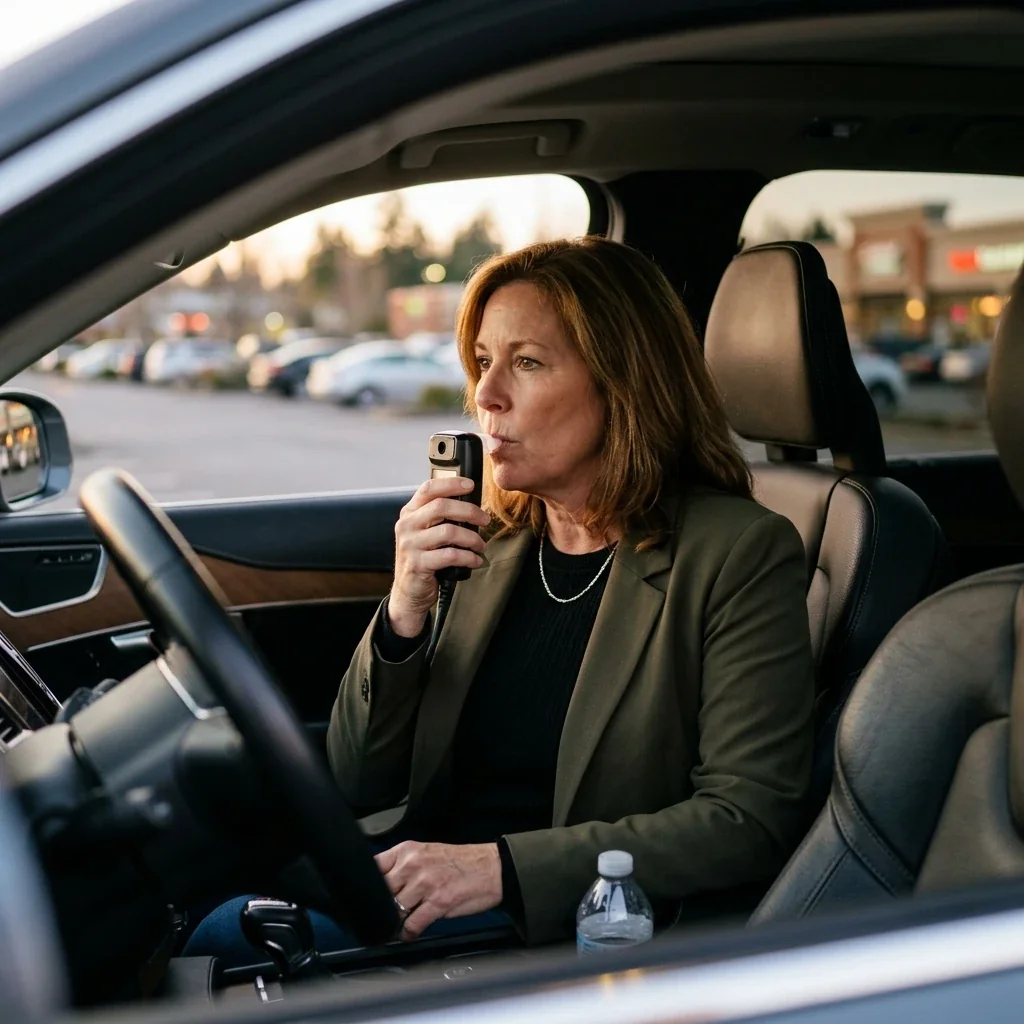 driver completing an ignition interlock breath test, a response to drunk driving statistics. Filename: ignition-interlock-breath-test.webp