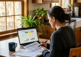 Over-the-shoulder view of someone at a kitchen table reviewing printed insurance documents and a laptop screen showing rate comparisons, morning light from a nearby window, coffee mug and pen visible on the table