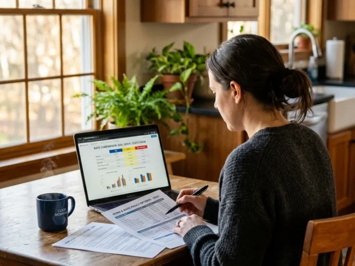 Over-the-shoulder view of someone at a kitchen table reviewing printed insurance documents and a laptop screen showing rate comparisons, morning light from a nearby window, coffee mug and pen visible on the table