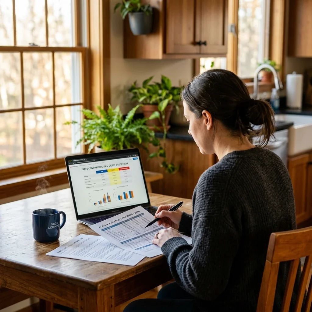 Over-the-shoulder view of someone at a kitchen table reviewing printed insurance documents and a laptop screen showing rate comparisons, morning light from a nearby window, coffee mug and pen visible on the table