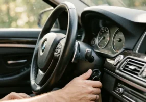 Close-up candid shot of a car dashboard area showing the steering column and ignition area, with morning light coming through the windshield, driver's hands partially visible reaching toward the ignition, creating a natural automotive setting