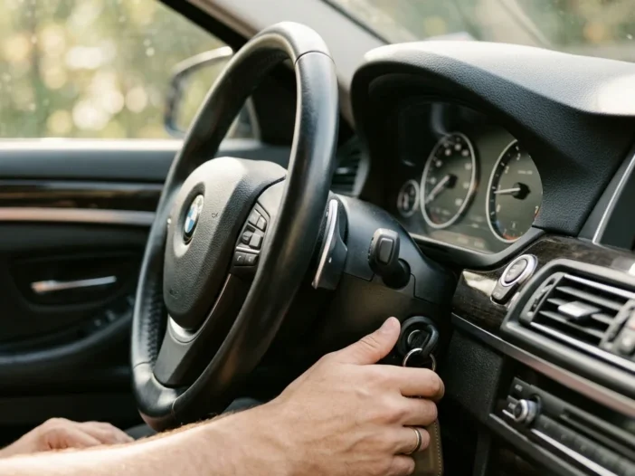 Close-up candid shot of a car dashboard area showing the steering column and ignition area, with morning light coming through the windshield, driver's hands partially visible reaching toward the ignition, creating a natural automotive setting