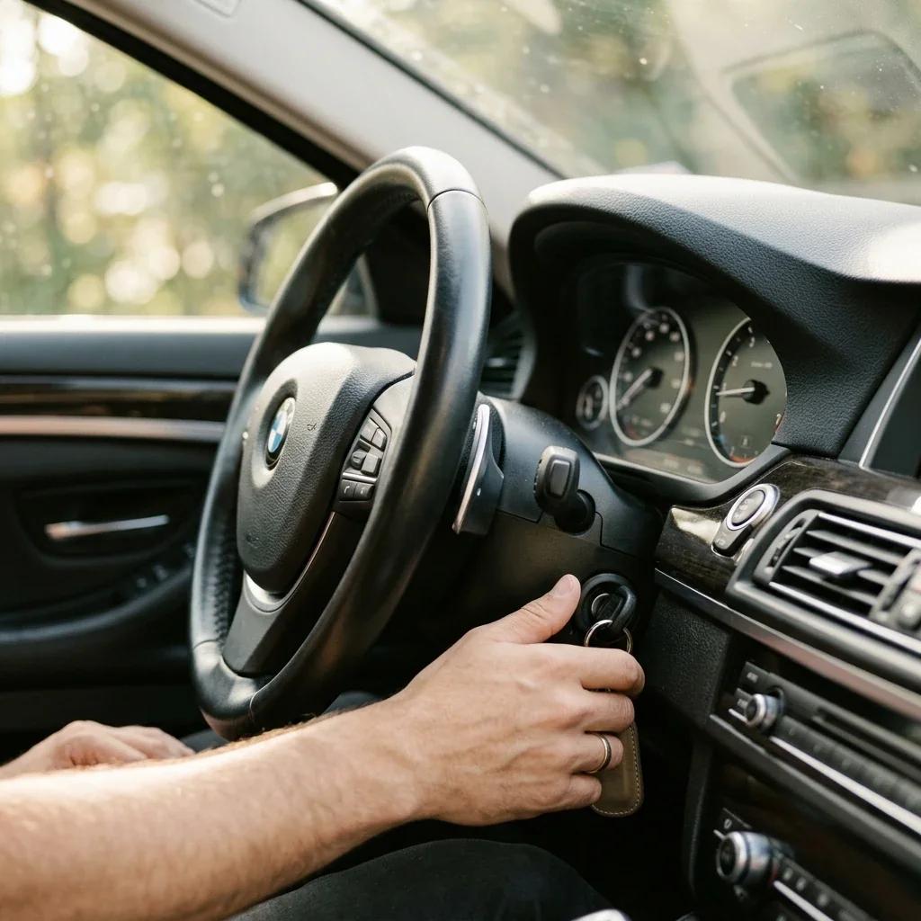 Close-up candid shot of a car dashboard area showing the steering column and ignition area, with morning light coming through the windshield, driver's hands partially visible reaching toward the ignition, creating a natural automotive setting