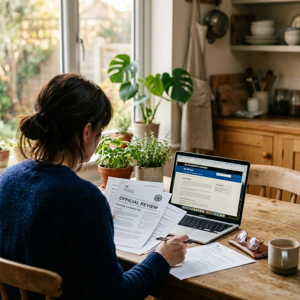 Over-the-shoulder view of someone sitting at a kitchen table reviewing official documents, reading glasses nearby, a laptop open to a government website, natural daylight from a window illuminating the papers