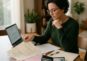 A person organizing bail bond and DUI first court date paperwork at home, including a citation with a court date and a bail receipt