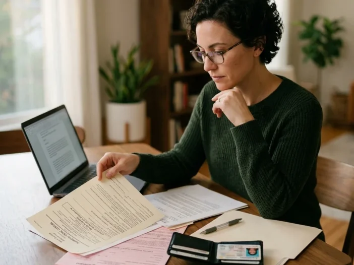 Una persona que está preparando en casa la documentación relativa a la fianza y a la primera cita judicial por conducir bajo los efectos del alcohol, incluyendo una citación con la fecha del juicio y un recibo de la fianza.
