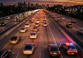 Overhead view of a highway at dusk with multiple lanes of traffic, brake lights glowing red, a police cruiser with flashing lights visible on the shoulder beside a stopped vehicle, conveying the tension and reality of a traffic stop
