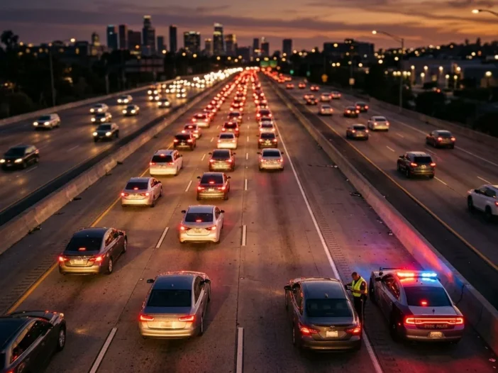Vista aérea de una autopista al atardecer, con varios carriles de tráfico, las luces de freno encendidas en rojo y un coche patrulla con las luces intermitentes visible en el arcén, junto a un vehículo parado, lo que transmite la tensión y la realidad de un control de tráfico.
