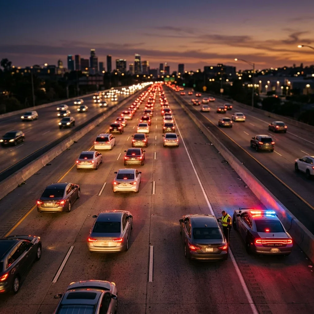 Vista aérea de una autopista al atardecer, con varios carriles de tráfico, las luces de freno encendidas en rojo y un coche patrulla con las luces intermitentes visible en el arcén, junto a un vehículo parado, lo que transmite la tensión y la realidad de un control de tráfico.