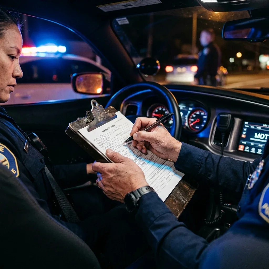 Primer plano de las manos de un agente de policía que sostiene un portapapeles con documentos durante un control de tráfico nocturno; las luces del salpicadero proyectan un resplandor azul, mientras que el interior del coche patrulla queda suavemente iluminado al fondo.