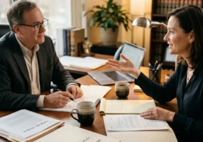 Candid view of a legal consultation in progress - attorney's desk with case files spread open, two coffee cups visible, one person's hands gesturing while explaining something, natural light from a nearby window casting soft shadows across the paperwork
