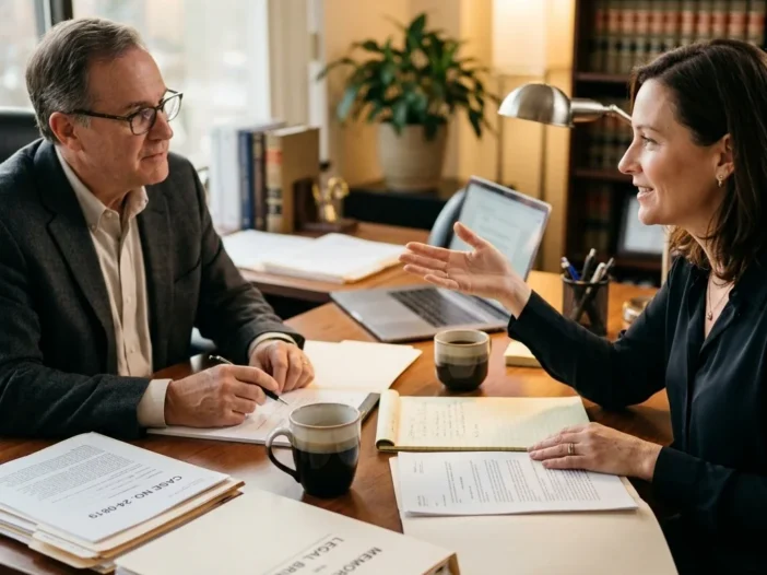 Candid view of a legal consultation in progress - attorney's desk with case files spread open, two coffee cups visible, one person's hands gesturing while explaining something, natural light from a nearby window casting soft shadows across the paperwork