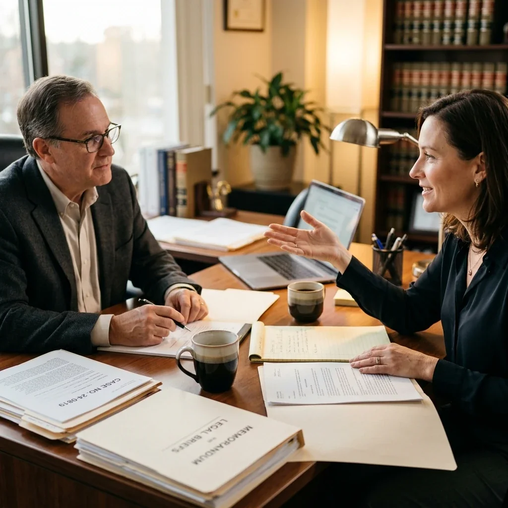 Candid view of a legal consultation in progress - attorney's desk with case files spread open, two coffee cups visible, one person's hands gesturing while explaining something, natural light from a nearby window casting soft shadows across the paperwork