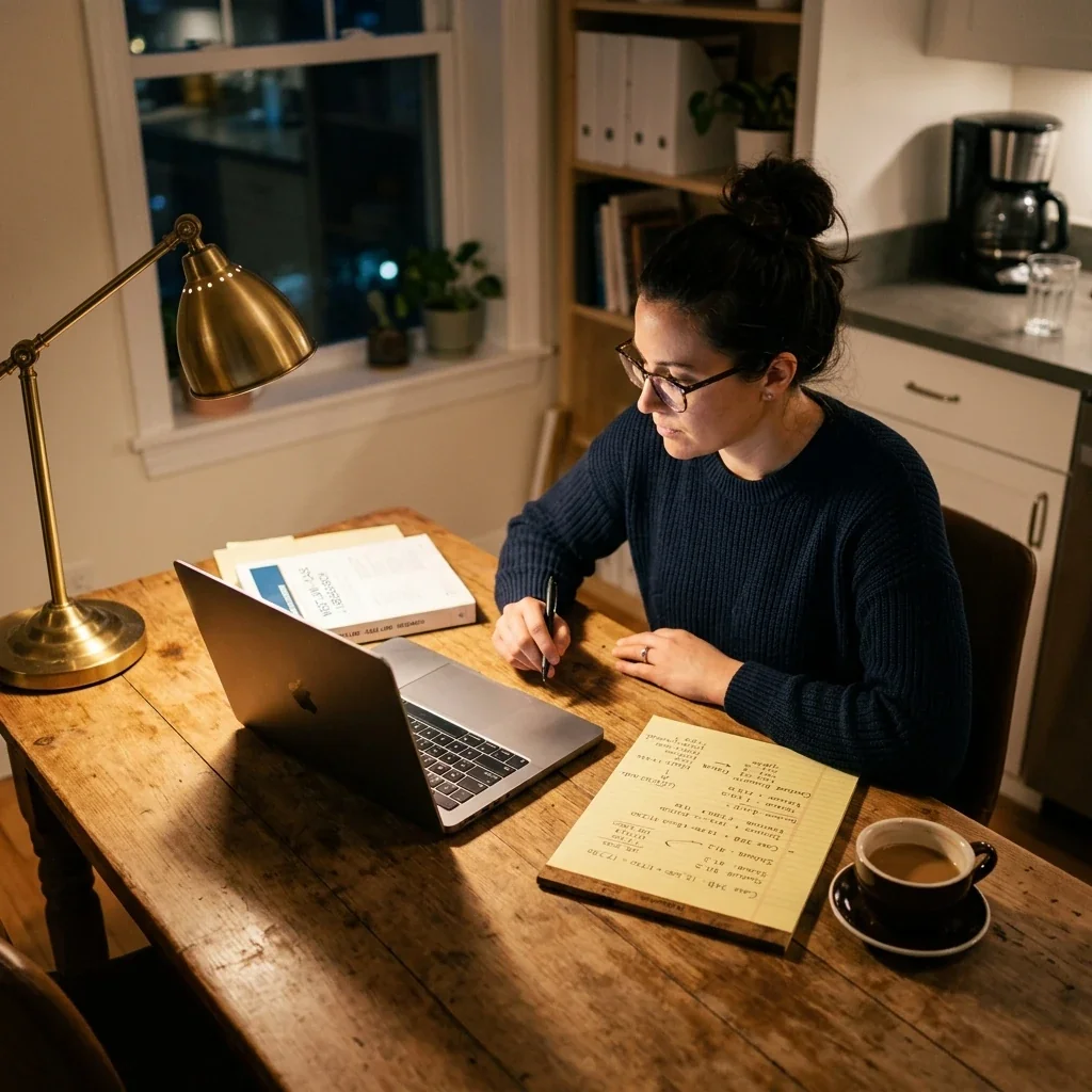 Overhead perspective of a person sitting at a kitchen table late at night, laptop open to a legal resources page, notepad with handwritten numbers and calculations beside it, warm lamp light creating a focused atmosphere, coffee mug nearby