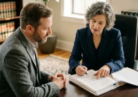 Attorney and client reviewing DUI plea bargain paperwork at a desk