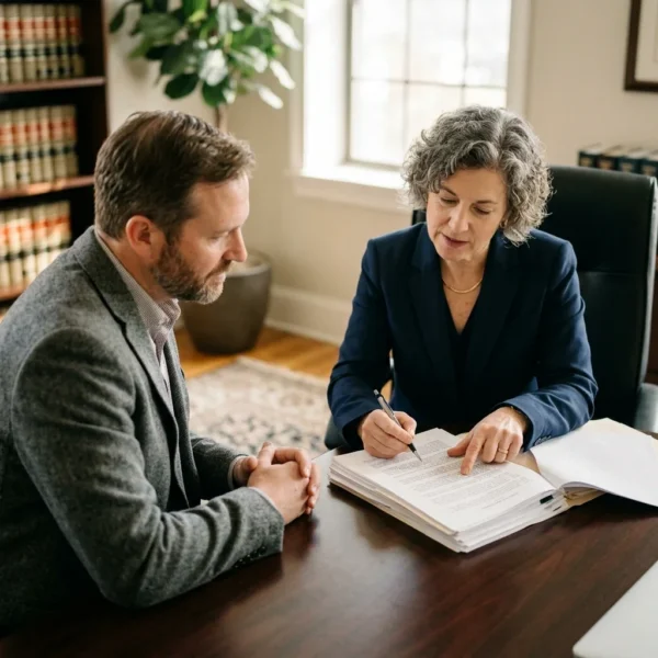 Attorney and client reviewing DUI plea bargain paperwork at a desk
