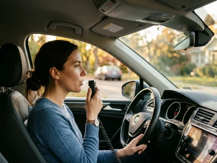 Driver using an ignition interlock device before the morning commute