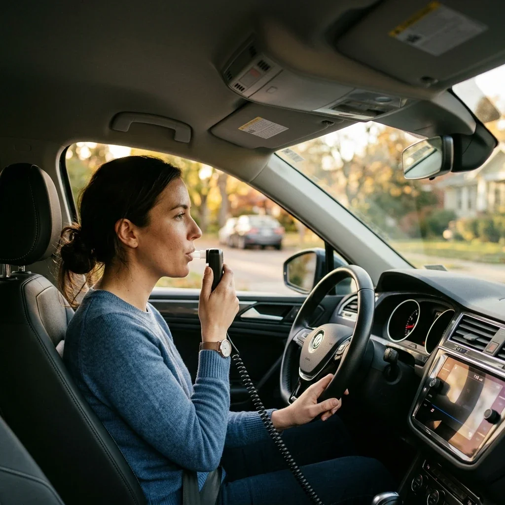 Driver using an ignition interlock device before the morning commute