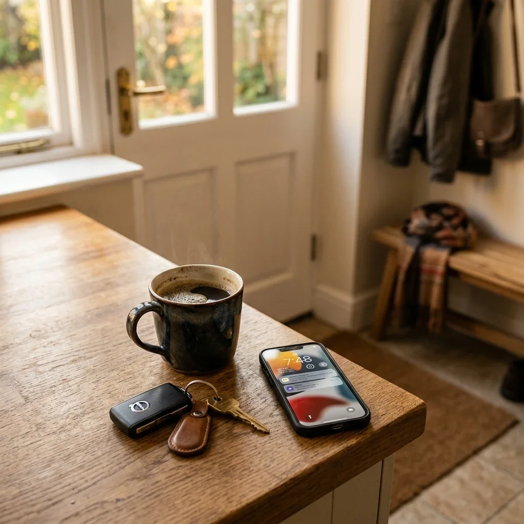 Morning routine items by the door before a commute with an interlock