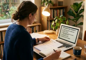 Over-the-shoulder view of a person at a home desk reviewing documents and a laptop screen displaying a checklist, warm desk lamp lighting, coffee mug nearby, suggesting someone researching their own records before a job search