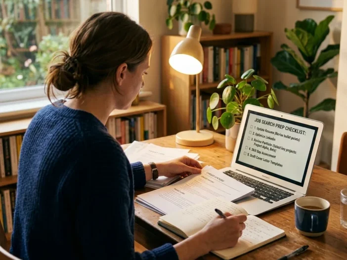 Over-the-shoulder view of a person at a home desk reviewing documents and a laptop screen displaying a checklist, warm desk lamp lighting, coffee mug nearby, suggesting someone researching their own records before a job search