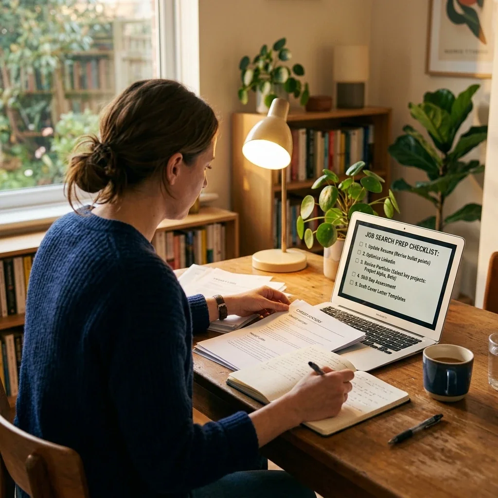 Over-the-shoulder view of a person at a home desk reviewing documents and a laptop screen displaying a checklist, warm desk lamp lighting, coffee mug nearby, suggesting someone researching their own records before a job search