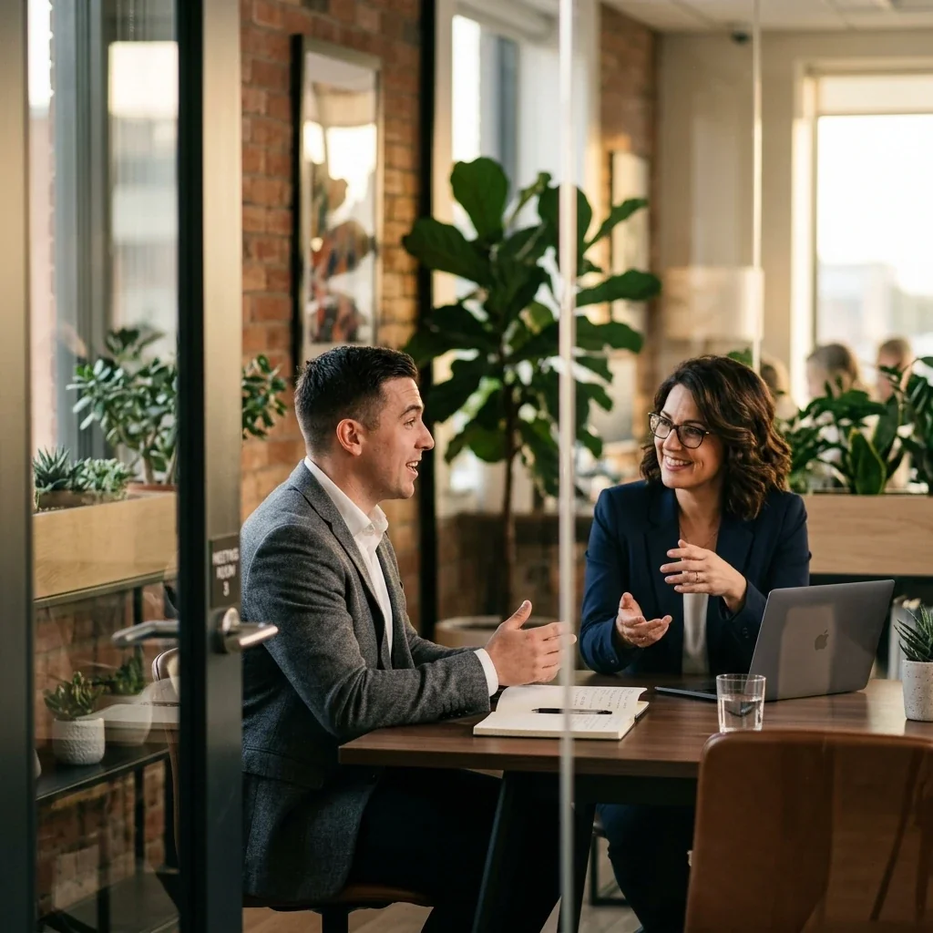 Candid view through a glass office door of a job candidate sitting across from an interviewer, both engaged in natural conversation, modern office environment with plants visible, suggesting a positive interview scenario