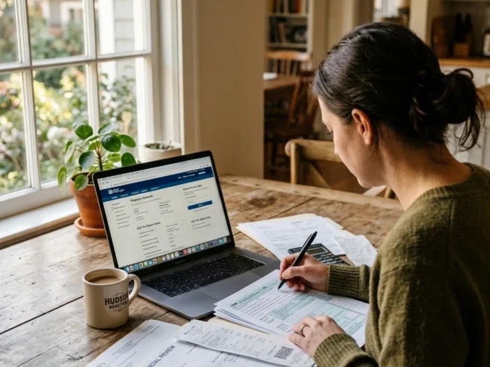 Candid over-the-shoulder view of someone at a kitchen table reviewing paperwork and financial documents, a laptop open to a government website, natural morning light from a nearby window, coffee mug and pen visible