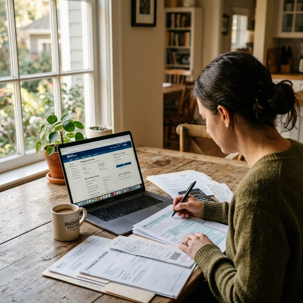 Candid over-the-shoulder view of someone at a kitchen table reviewing paperwork and financial documents, a laptop open to a government website, natural morning light from a nearby window, coffee mug and pen visible