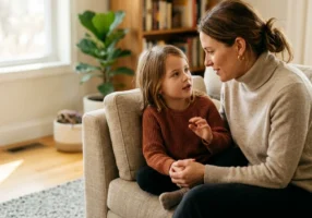 Parent having a calm conversation with a child about a DUI