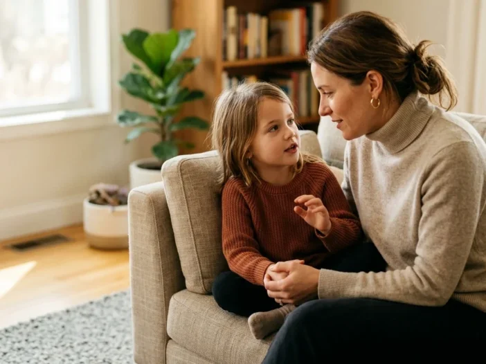 Parent having a calm conversation with a child about a DUI