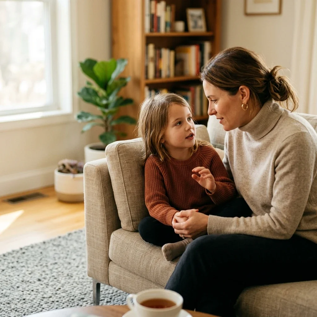 Parent having a calm conversation with a child about a DUI