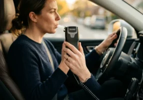 Driver holding an ignition interlock handset, dos and donts