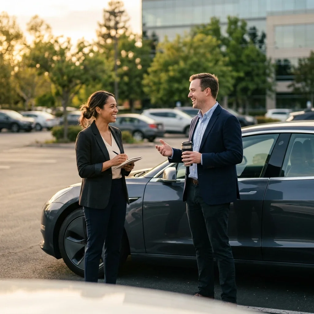 Casual conversation about an interlock device beside a car