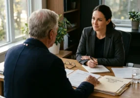 Over-the-shoulder view of a veteran sitting across from a legal advisor at a plain desk, paperwork and military service records spread between them, natural light from a nearby window, the mood is serious but collaborative