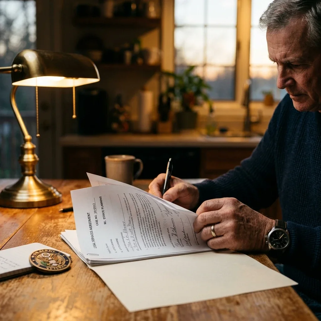 Imagen espontánea de las manos de una persona que revisa documentos legales en la mesa de la cocina; junto a los papeles se ve una moneda conmemorativa militar; luz de una lámpara al atardecer; ambiente de tranquila determinación y concentración.