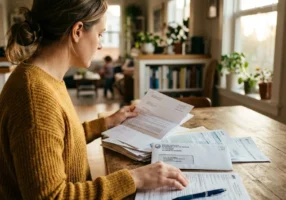 Over-the-shoulder view of someone organizing paperwork at a kitchen table, official-looking letters and a state DMV envelope visible among the documents, natural daylight from a nearby window, a pen resting on a partially filled form