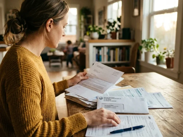Over-the-shoulder view of someone organizing paperwork at a kitchen table, official-looking letters and a state DMV envelope visible among the documents, natural daylight from a nearby window, a pen resting on a partially filled form