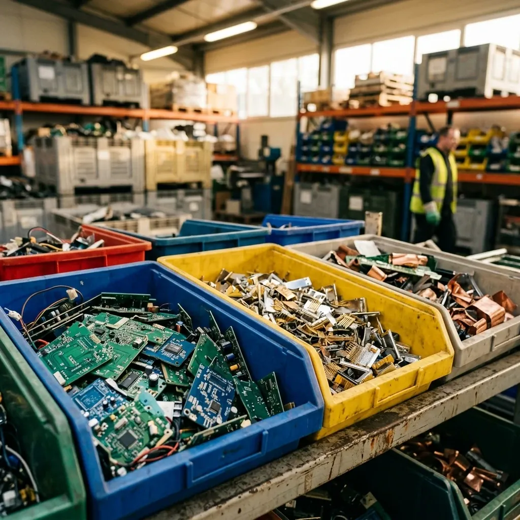 Close-up of electronic components and circuit boards sorted into bins at a recycling facility, small green and blue boards visible alongside separated metal contacts, industrial shelving slightly blurred in background, overhead fluorescent lighting