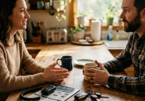 Candid scene of a family kitchen counter with car keys next to an interlock device pamphlet, morning light streaming through the window, coffee mugs nearby, hands of two people visible mid-conversation across the counter