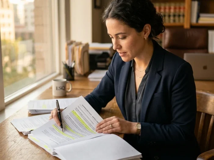 Candid view of a person sitting at a desk reviewing legal documents, with a pen in hand and a highlighted state statute visible, natural daylight coming through a window, suggesting someone researching their legal situation