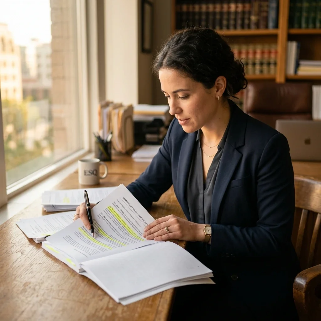 Candid view of a person sitting at a desk reviewing legal documents, with a pen in hand and a highlighted state statute visible, natural daylight coming through a window, suggesting someone researching their legal situation