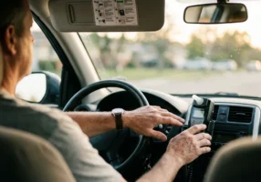 Close-up view inside a car from the passenger side, showing a driver's hands near an interlock handset mounted on the dashboard, natural daylight coming through the windshield, a quick-reference card visible tucked into the sun visor