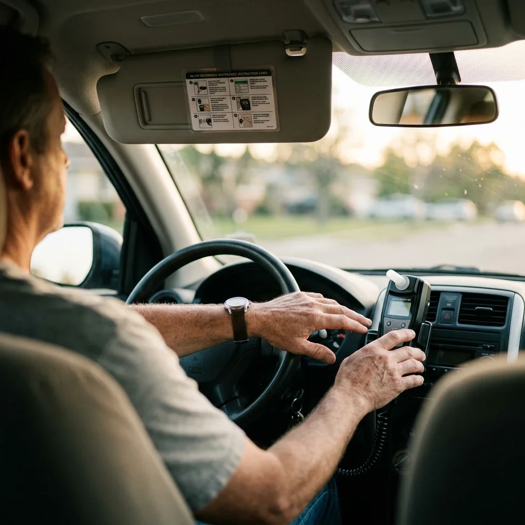 Close-up view inside a car from the passenger side, showing a driver's hands near an interlock handset mounted on the dashboard, natural daylight coming through the windshield, a quick-reference card visible tucked into the sun visor