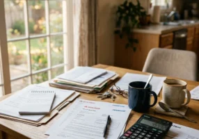 Kitchen table scene with scattered paperwork including insurance documents and a calculator, two coffee mugs visible, morning light through a window, slightly cluttered and realistic, viewed from slightly above as if someone just stepped away mid-task