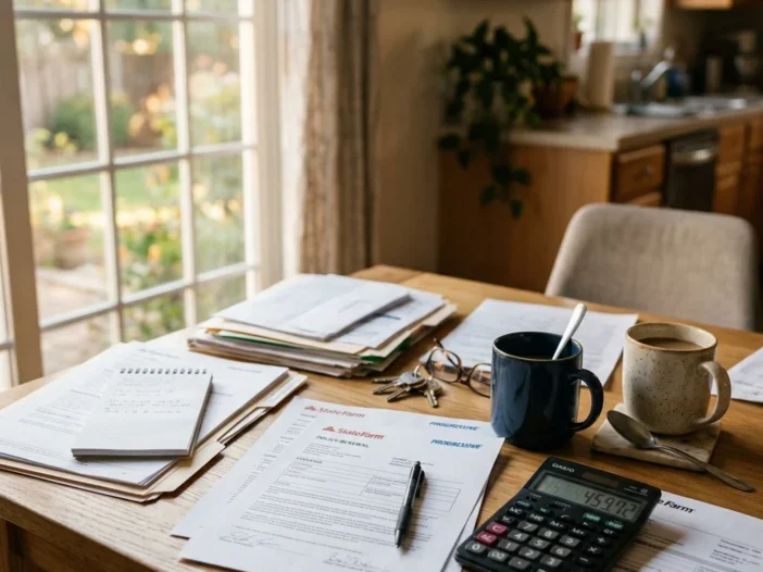 Kitchen table scene with scattered paperwork including insurance documents and a calculator, two coffee mugs visible, morning light through a window, slightly cluttered and realistic, viewed from slightly above as if someone just stepped away mid-task