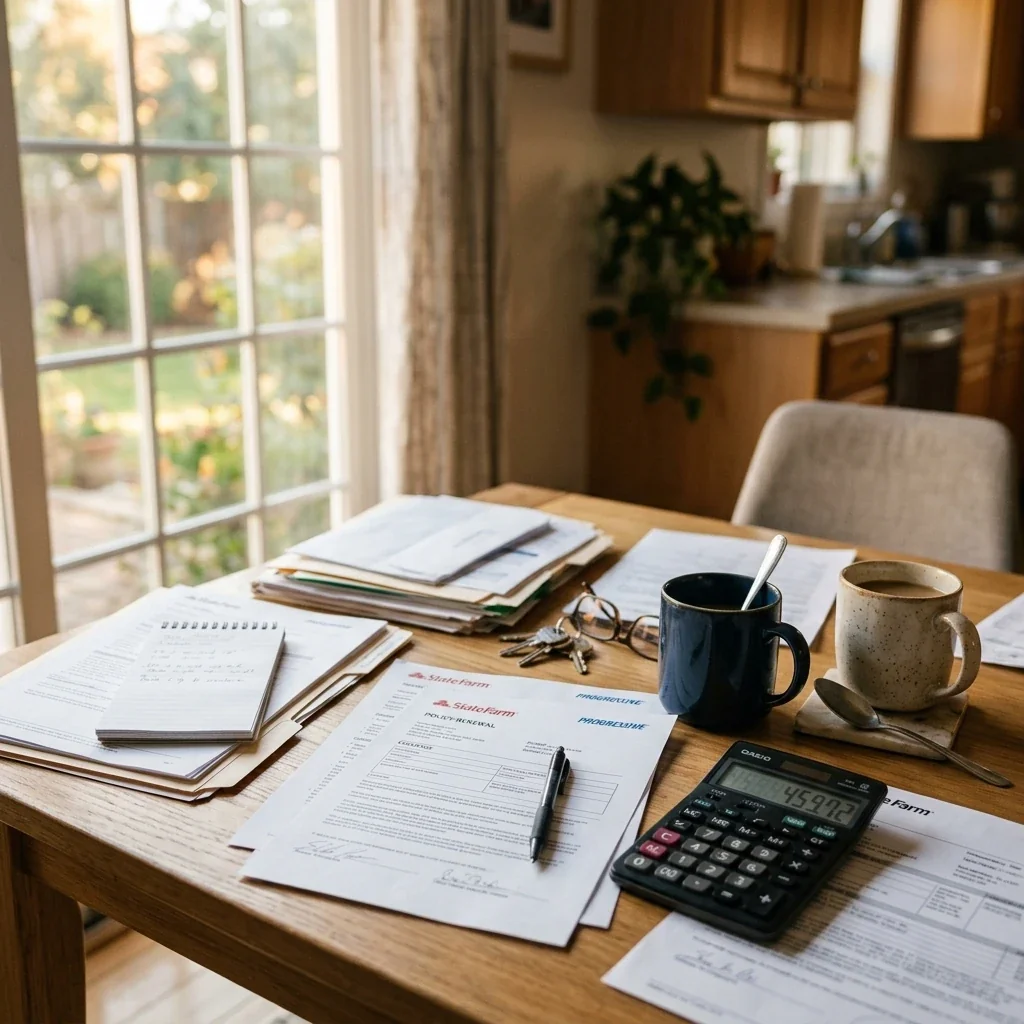 Kitchen table scene with scattered paperwork including insurance documents and a calculator, two coffee mugs visible, morning light through a window, slightly cluttered and realistic, viewed from slightly above as if someone just stepped away mid-task