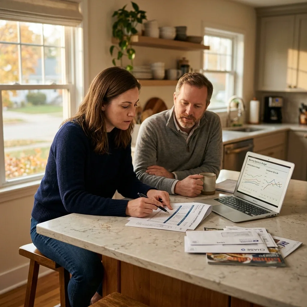 Couple sitting side by side at a kitchen counter reviewing documents together, one person holding a pen and pointing at a line item, laptop open nearby showing a comparison chart, natural overhead lighting, realistic and slightly messy counter with mail visible
